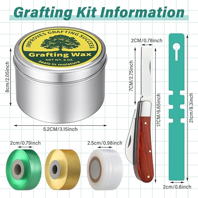 Grafting Kit 8 Oz Grafting Wax 2-5/8" Curved Straight Blades Garden Knife 3 Tape 12 Plant Labels for Successful Floral Fruit Tree