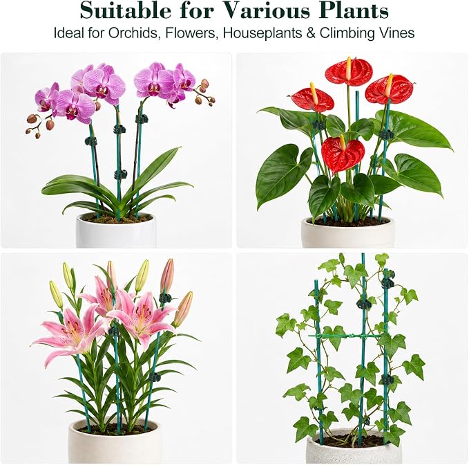 30 Pcs Plant Support Stakes Kit 15 Inch Bamboo Plant Stakes with 50 Pieces Orchid Clips Plastic Garden Plants Clips, 30 Pcs Metallic Twist Ties for Garden Supporting Stems Vines Stalks Grow Upright