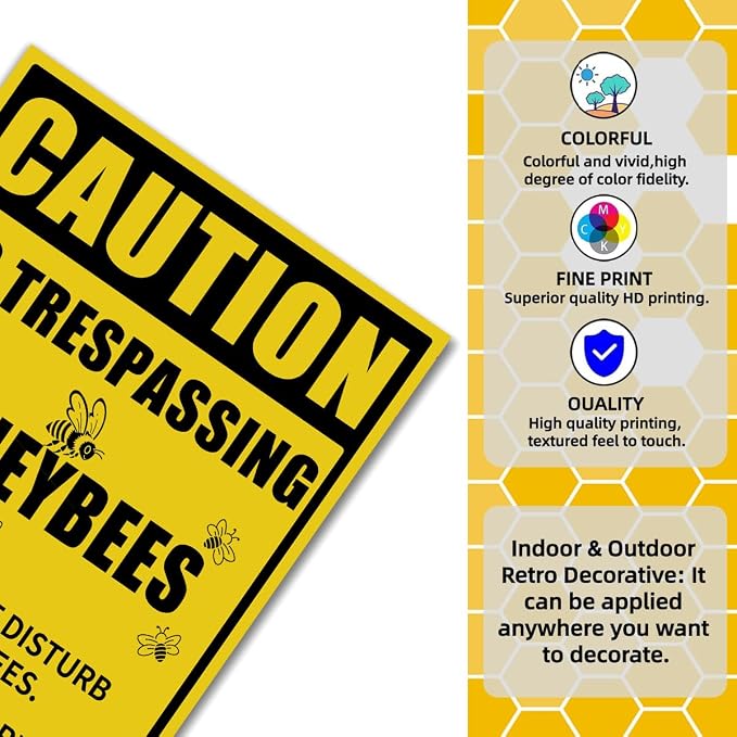 EMOHAT Caution No Trespassing Honeybees Metal Tin Sign, Honeybees at Work Warning Sign for Garden Farm Orchard, 16x12 Inch Rustic Novelty Decor for Garage Home Outdoor