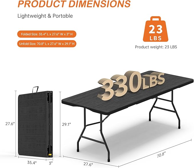 VSOAEIL Set of 2 6 Foot Folding Table for Indoor Outdoor, Portable Heavy Duty Fold-in-Half Utility Plastic Foldable Dining Table with Carrying Handle for Picnic, Camping and Party, 2 Pack Matte Black