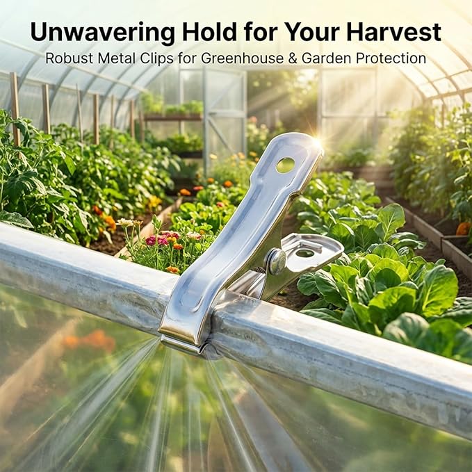 RAINFLOW 50 PCS Garden Clips - Stainless Steel Greenhouse Clamps,Grip Strong Heavy Duty Metal Greenhouse Supplies,Garden Clips for Netting, Hoops,Shade Cloth,Plant Cover