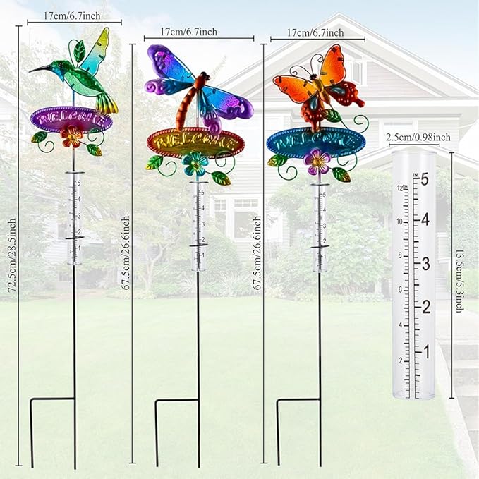 Rain Gauge Outdoor, 3 Pcs Hummingbird & Dragonfly & Butterfly Rain Gauges with 5" Plastic Tube, Decorative Garden Stakes with Welcome Sign for Spring Yard Patio Decor