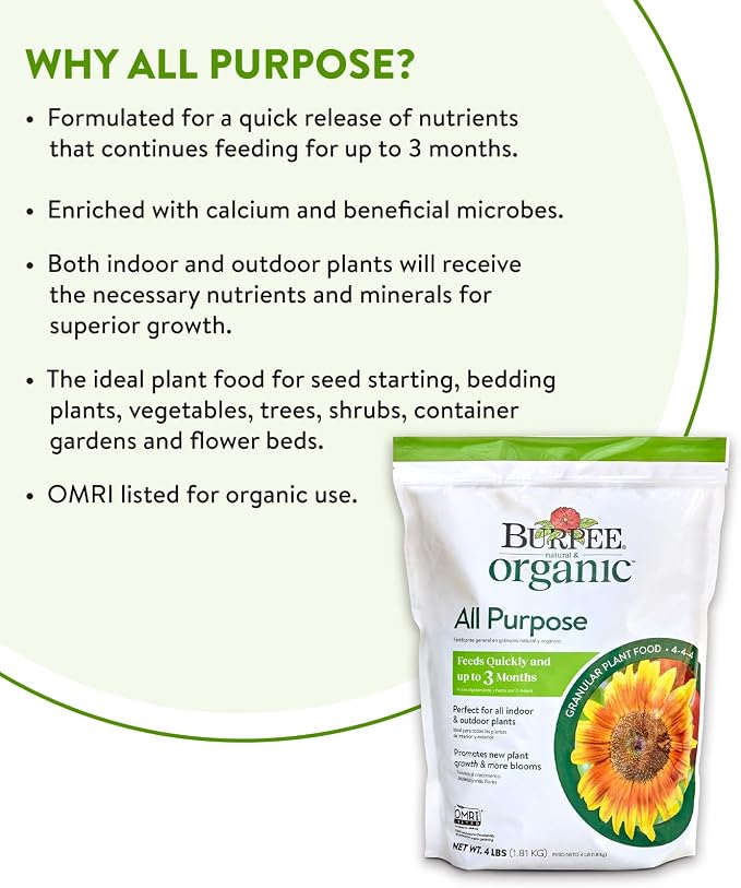 Burpee Natural Purpose Granular 4-Lb Organic Food for Growing Strong Plants | Good for Vegetable Garden, Flower Garden & Seed Starting, 4 lb, 4lb. Bag