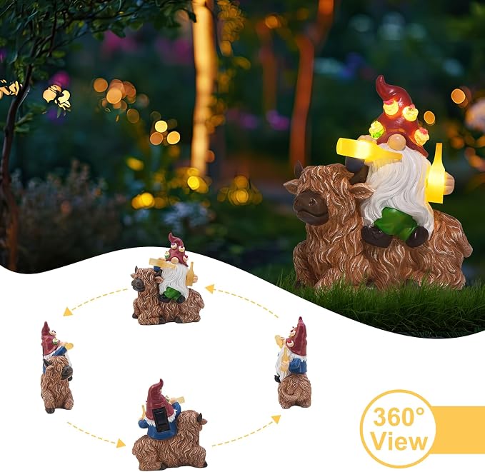 Dad Gifts for Fathers Day,Gnome Garden Decor Statue with Solar Light Lantern, Highland Cow Birthday Gifts for Men Women Mom Grandma, Funny Waterproof Resin Figurine Outdoor Decor for Yard Patio Porch