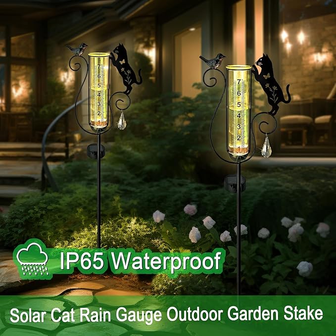 Rain Gauge Outdoor,Decorative Metal Black Cat and Bird Solar Light Stake with Glass Rain Gauges for Yard,Garden,Lawn, Pathway