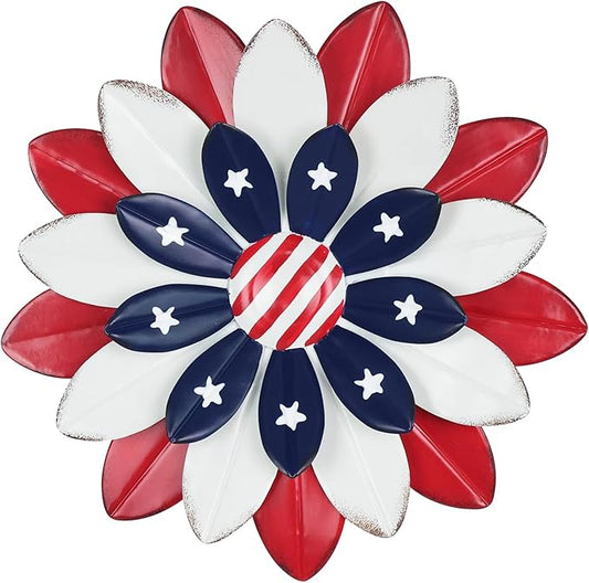 hogardeck 4th of July Decorations Outdoor, Red White Blue Metal Flower Wall Art for Fourth of July Decor, 3D Metal Floral Patriotic Decorations for Yard Garden Home Indoor