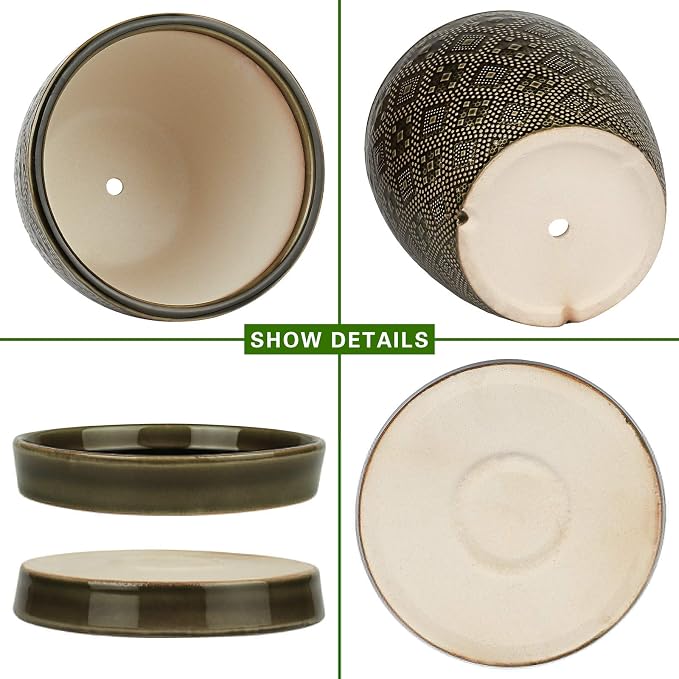 Docrin Dark Green Ceramic Planter Set - 6.6"+5.5" Indoor Outdoor Pots with Drainage Holes & Saucers for Home Office Decor