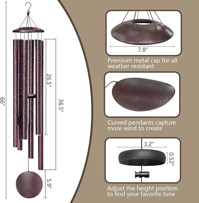 66" Wind Chimes for Outside Deep Tone - 6 Thicken Tubes Large Wind Chimes for Outdoor, Gifts for Mothers Day, Women, Mom, Grandma, Sympathy, Big Windchimes for Garden and Patio(Bronze)