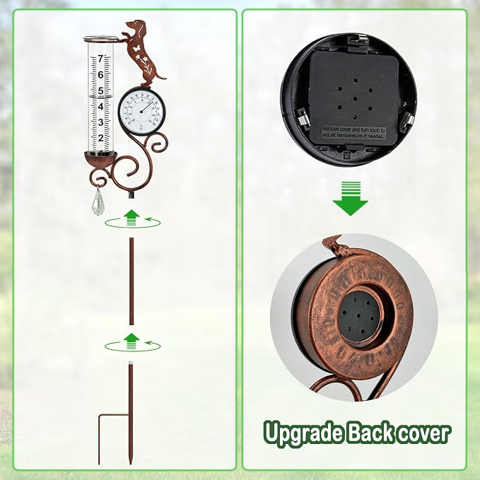 Dog Rain Gauge Outdoor,Large Number Scale Rain Gauge with Temperature & Hygrometer Metal Dachshund Garden Stakes for Outside,Lawn,Yard,Patio,Farm