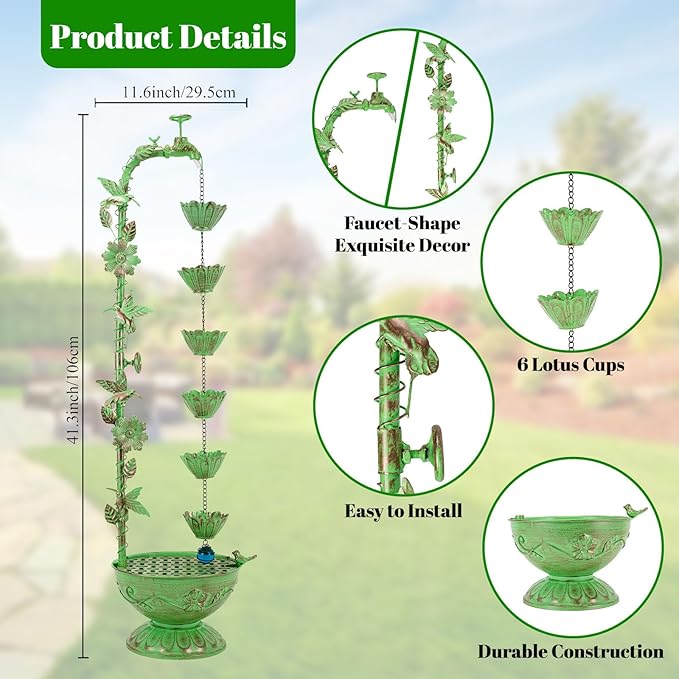 41" H Outdoor Tiered Water Fountain, Faucet-Shape Floor Standing Fountains with 6 Hanging Lotus Cups, Indoor Cascading Water Fountain Feature for Garden Yard Home Decor