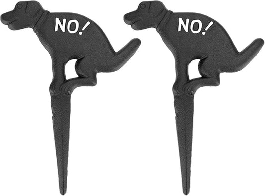 JUXYES Pack of 2 Cast Iron No Pooping Yard Sign Stake, No Dog Allowed Poop Spike Garden Hose Guides Decorative Stake for Garden Lawn Yard Black