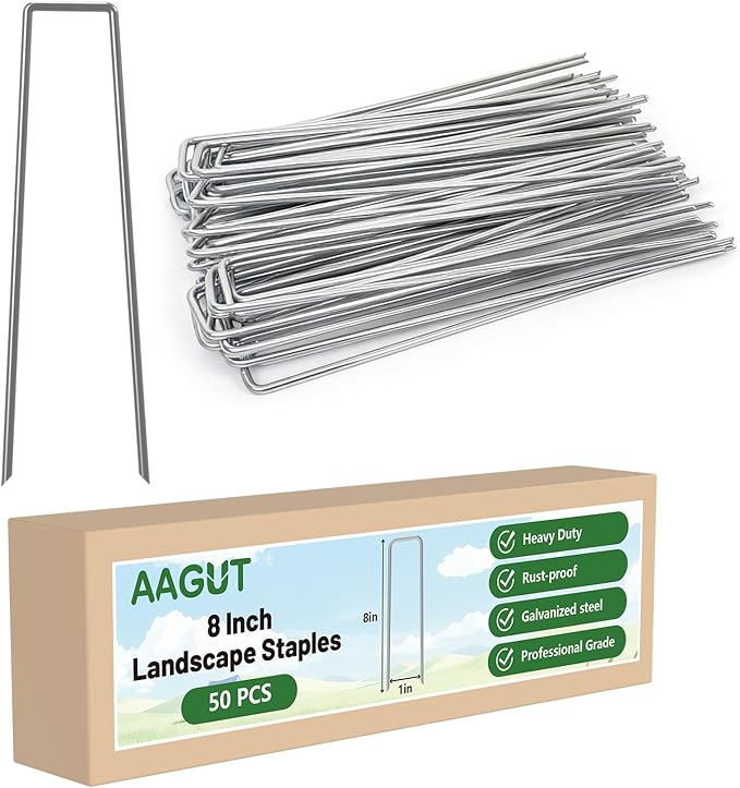 AAGUT Landscape Staples 8 Inch 11 Gauge Garden Staples 50 Pack, Galvanized Heavy Duty U-Shaped Sod Pins,Yard Ground Lawn Fence Stakes for Weed Barrier Fabric Irrigation Tubing