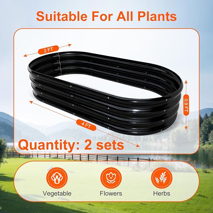 Rakukiri Raised Garden Bed Outdoor, GRS Certified Recycled Metal Planter Box 2 Sets, 4FT Galvanized Oval Herb Garden Kit, Bottomless Large Garden Beds for Vegetables Flowers, Rust-Resistant Black