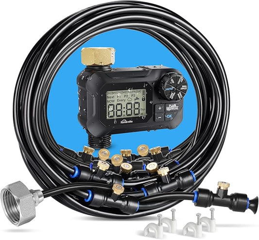 homenote Automatic Misting Cooling System with Timer, 91.8FT Misting Line, 24 Brass Nozzles, and 3/4" Brass Adapter for Patio Cooling and Garden Watering