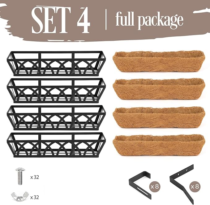 36IN Window Box Railing with Adjustable Brackets, Hanging Flower Planter Basket with Coco Liner for Outdoor Balcony Porch Fence Patio (Black - Set 4)