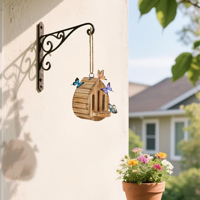 Butterfly House Wooden Habitat with Feeder, Natural Wood, Hanging Garden Decoration, Nesting Box for Butterflies, Bugs, Moths and Lacewings