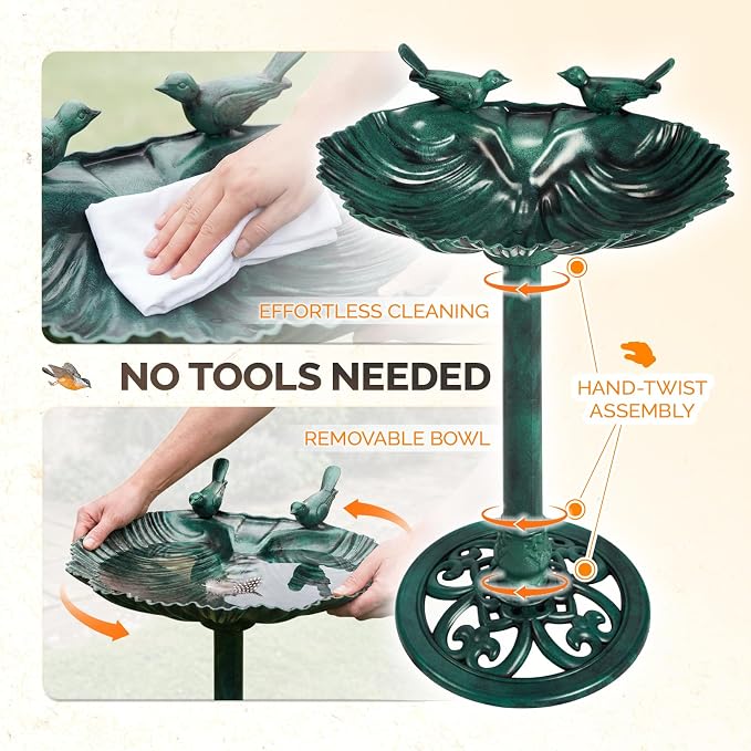 VINGLI Pedestal Bird Bath, Resin Birdbaths Weather Resistant Floral Accents and Vintage Finish Garden Decor for Outdoor Lightweight Courtyard (Green-Shell-Shaped with Solar Pump)