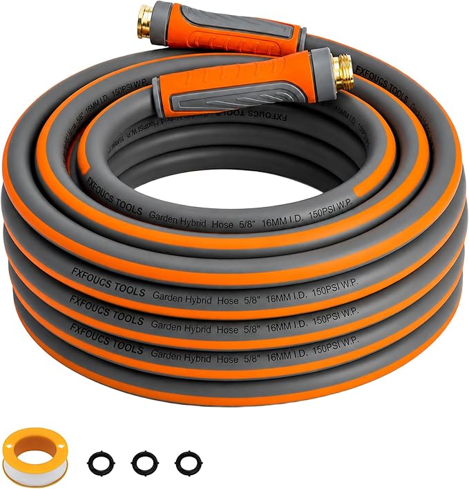 PremiumPro 50FT 5/8" Heavy Duty Reinforced Garden Hose, Large Flow,600 PSI Burst Pressure, Four Layer Hybrid Polymer Anti Kink with 360 Swivel Brass Connectors and handle for yard,washing & irrigation