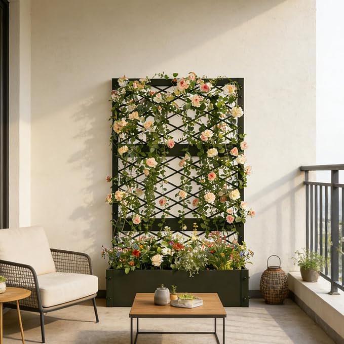 aboxoo 59 inch Metal Planter Planter Box with Privacy Screen Trellis Outdoor Raised Garden Bed Standing Garden Flower Bed with Drainage Holes(Black)
