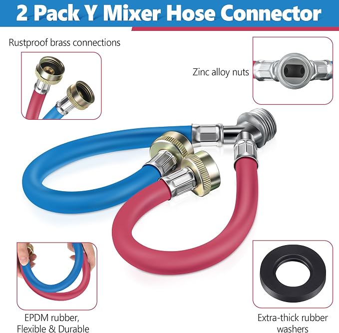 Dreyoo Rubber Washing Machine Y Hose, 3/4 Inch Brass Fittings, 1 ft (12 Inch) Hot and Cold Water Supply Y Mixer Hose Connector for Washing Machines Outdoor Garden Faucets(Red Blue, 2 Pcs)