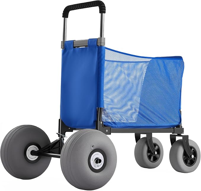 VEVOR Beach Cart, 165LBS Load Capacity, Portable Folding Beach Wagon Dolly with 12" Balloon Wheels for Sand, Storage Bag & 4-Level Adjustable Height for Outdoor Camping Fishing