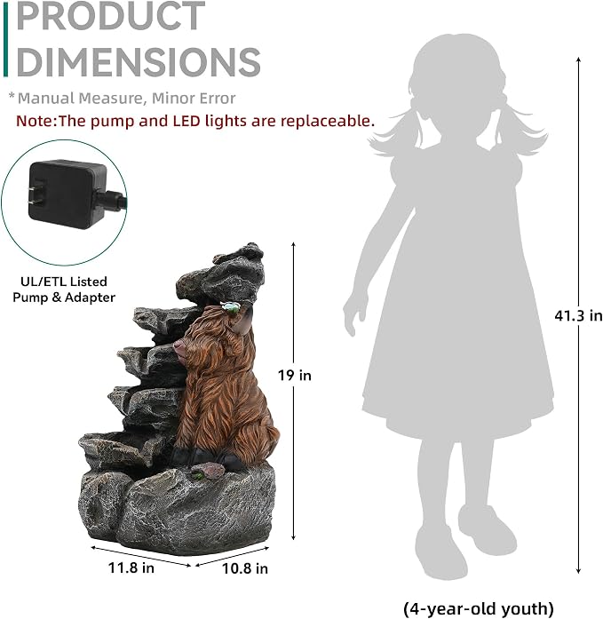 19" Highland Cow Outdoor Fountain, 5-Tier Charming Water Feature with LED Lights, Pastoral Resin Soothing Cascading Waterfall for Patio, Backyard, Garden or Porch
