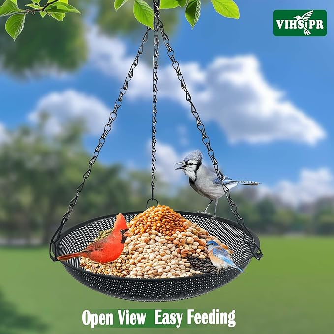 Hanging Platform Bird Feeder, 12 in, Black | Metal Mesh Seed Tray, For Wild Birds, Outdoor Use