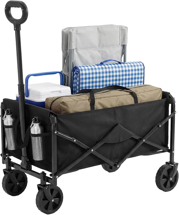 OLIXIS Collapsible Wagon 67L Compact Lightweight Utility Folding Wagon Cart with Wheels – 220 lbs Weight Capacity, Flexible Handle for Beach, Grocery, Camping, Shopping, Sports & Garden, Black