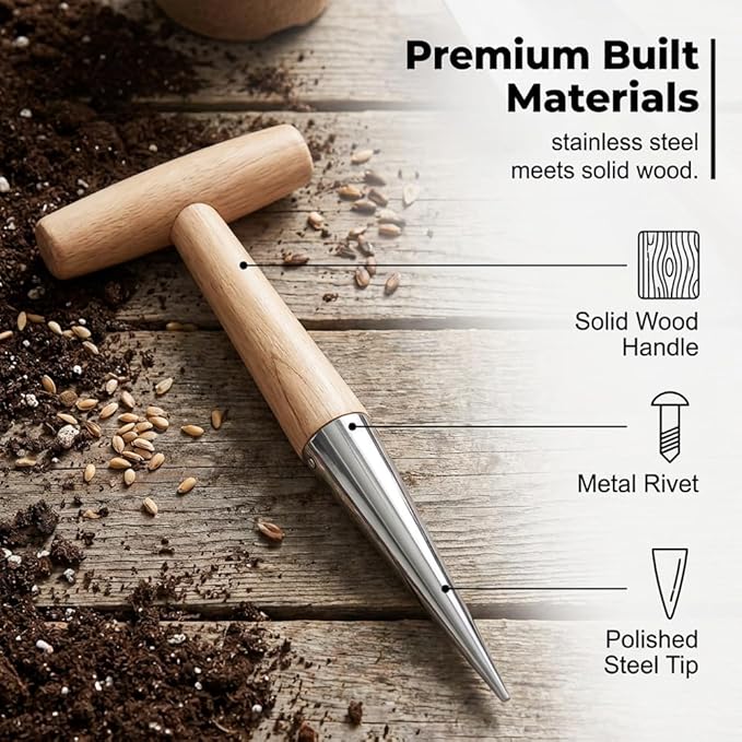 Hand Dibber Seed Dibber, Hand Dibber Garden Tool Bulb Planter Tool with Wooden Handle, Seed Planting Tool Plant Hole Digger for Garden Seeds Bulbs Flowers Tulips Daffodils Vegetables (1pc)