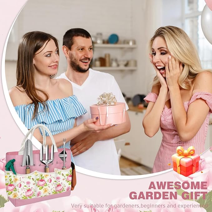 22PCS Garden Tools Set for Women,Birthday Gifts for Mom Wife Grandma,Heavy Duty Hand Tool Kit Gardening Supplies Included Handy Tote Bag/Trowel/Repotting Mat/Rake/Pruner/Gloves/Plant Tags -Pink
