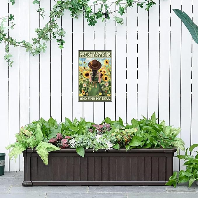 And Into The Garden I Go To Lose My Mind Sunflower Metal Sign Vintage Tin Sign Funny Wall Decor for Yard Garden Fence Living Room Kitchen 12×8 Inch