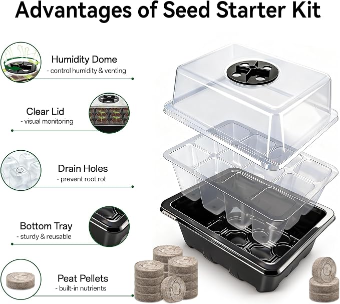 Halatool 8 Pack Seed Starter Tray with 100 PCS Peat Pellets, 96 Cells Black Seeding Starter Trays for Organic Seed Starter Soil Pods for Planting Vegetables Plants Flowers - Starting Seeds Kit