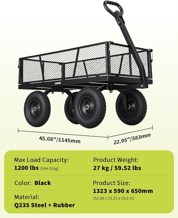 Garvee Versatile Outdoor Utility Cart-1200LBS Heavy-Duty, 13" All-Terrain Pneumatic Tires, Vehicle-Connectable, Easy Maneuverable Lawn Cart with Removable Mesh Panels for Gardening & Landscaping,Black