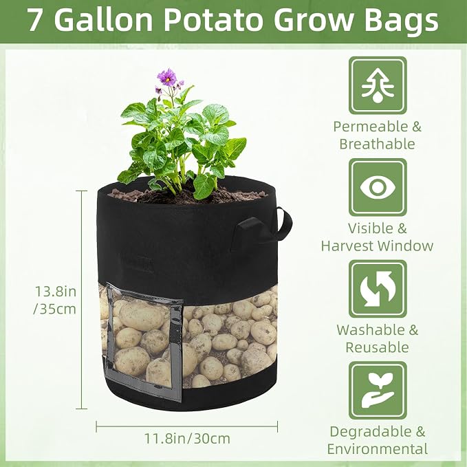 6 Pack 7 Gallon Visible Potato Grow Bags, Thickened Nonwoven Fabric Pots Potato Growing Containers with Handles & Visible Flap, Plant Grow Bags for Growing Potatoes, Tomatoes, Flowers, and Vegetables