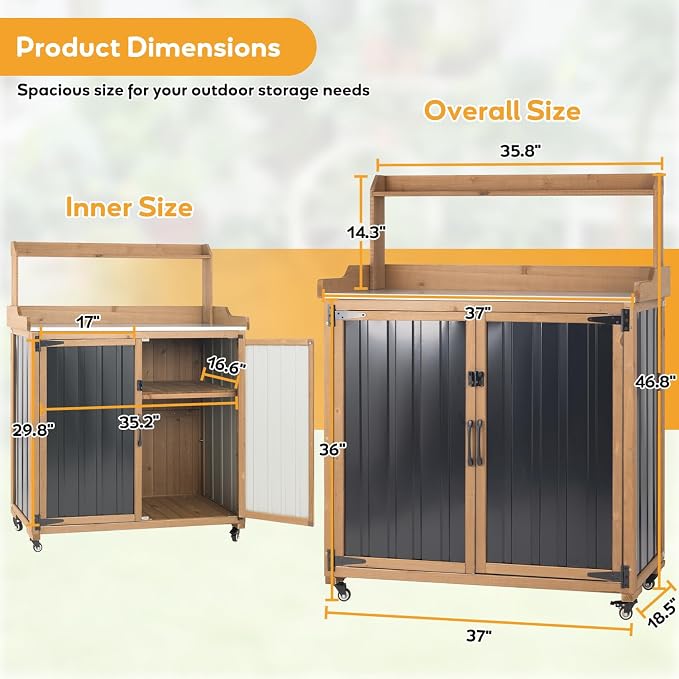 Outdoor Potting Bench with Storage, Outdoor Garden Work Table & Storage Cabinet with Adjustable Shelves, Lockable Wheels, Waterproof Metal Top Workstation for Potting, Gardening, Backyard, Patio