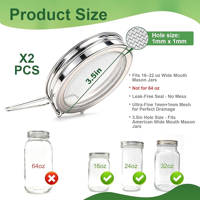 2 Pack DnerLery Sprouting Lids for Wide Mouth Mason Jars, Stainless Steel Fine Mesh Lids Only, Fit Mason Jars for Broccoli, Alfalfa, Mung Bean & Microgreens, No Jars, Germination Kits