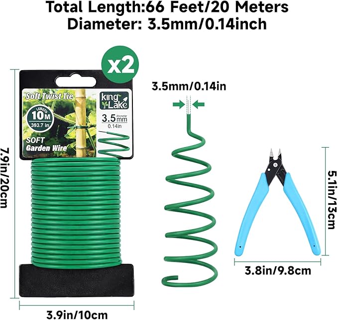 KINGLAKE Green Garden Wire with Pliers - 66 Feet 3.5mm Garden Ties Soft Plant Twist Ties Plant Wire for Climbing Plants Tomatoes Support Vines Vegetables Flowers Indoor & Outdoor Gardening Training