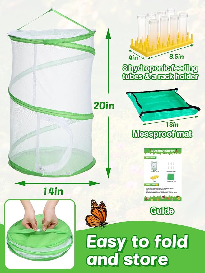 Complete Butterfly Habitat Kit - 14" W x 20" H Large Collapsible Mesh Growing Cage & Hydroponic Feeding Tubes/Rack Holder & Messproof Mat & Guide, Easy to Set Up, Monarch Caterpillars Enclosure House