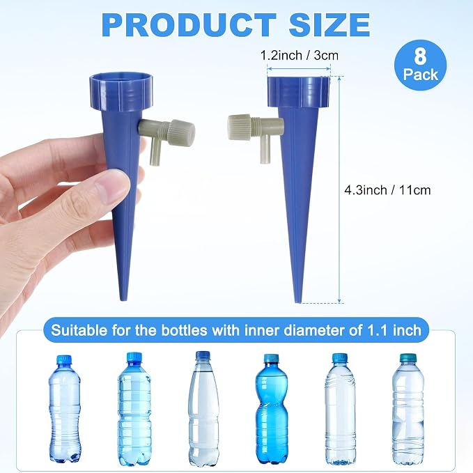 M METERXITY 8-Pack Self Watering Spikes for Plants, 4.3 Inch Plastic Plant Watering Devices with 8 Regulator for Indoor/Outdoor Pots, Garden Water Planter System [Dark Blue]