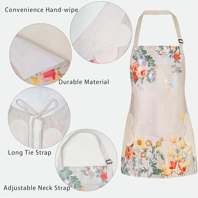 DILLMAN 2 Pack Floral Aprons with Pocket Blooming Womens Waterproof Adjustable Cooking Aprons Kitchen Gardening Salon