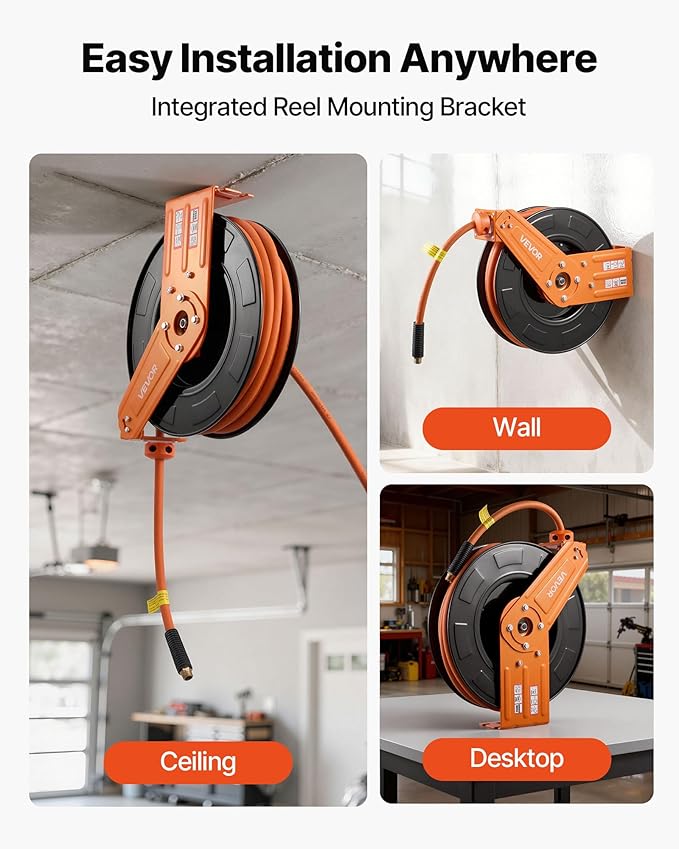 VEVOR Retractable Air Hose Reel, 1/2 Inch x 50 FT Rubber Air Hose Max 300PSI, Auto Rewind Air-Compressor Hoses Reel with 5 ft Lead in, Ceiling/Wall Mount for Garage Workshops