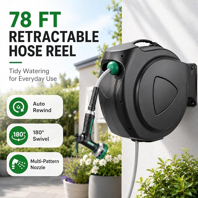 Retractable Garden Hose Reel, 78FT Wall Mounted Auto Rewind Water Hose Reel with 180° Swivel Bracket, Any Length Lock, Kink-Free Hose Guide, Multi-Pattern Spray Nozzle for Yard, Lawn & Outdoor
