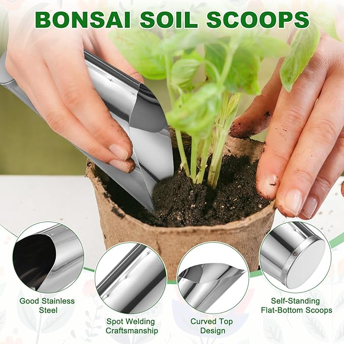 M METERXITY 1-Pack Bonsai Soil Scoops, 2.4inch/6cm Stainless Steel Garden Soil Scoops Bucket Shovel Potting Scoopers for Transplanting/Flower Planting, Small Gardening Tools [Silver Tone]