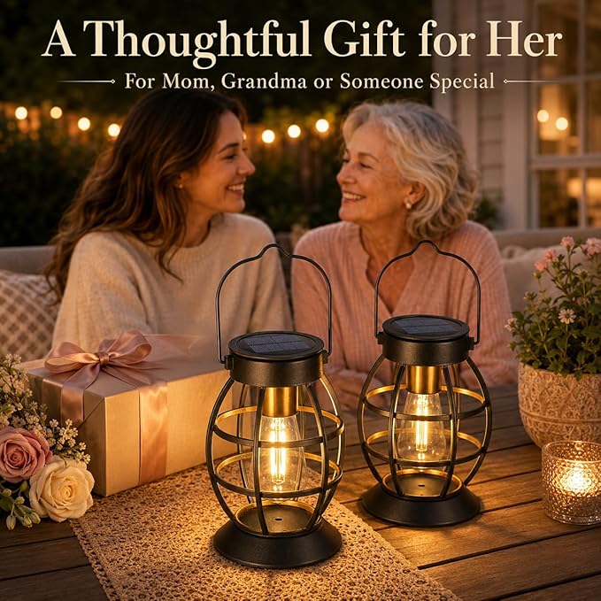 LeiDrail Solar Lanterns Outdoor 2 Pack, Hanging Waterproof Metal Lantern Dual LED Warm White, Auto On/Off Garden Patio Yard Porch Pathway Table Decor, Solar Powered Gift for Women