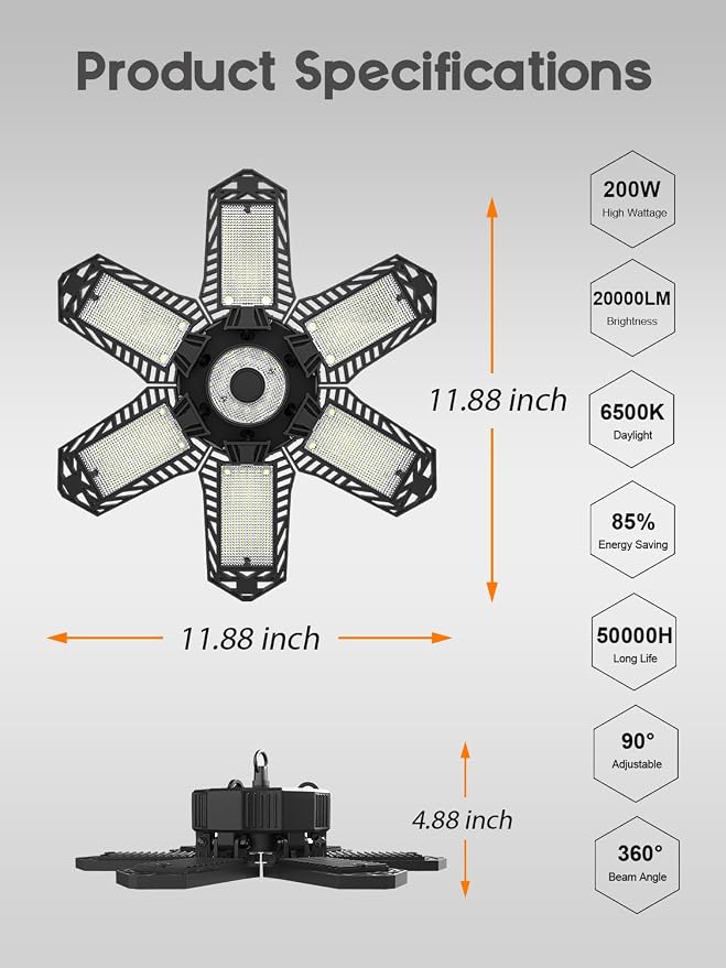 SEOBIOG LED Garage Lights - 6 Pack, 200W 20000LM Plug-in Shop Light with 6+1 Deformable Panels for Garage, Warehouse, Barn, Basement (Built-in ON/Off Switch)