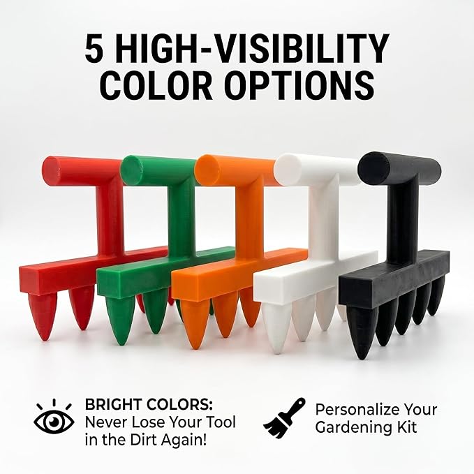 3D Printed 5-Prong Seed Dibber Gardening Tool, Unibody Hand Seeding Punch & Plant Hole Digger for Raised Beds, Seed Spacing Tool & Garden Row Maker, 7.1" x 4.7" (White)