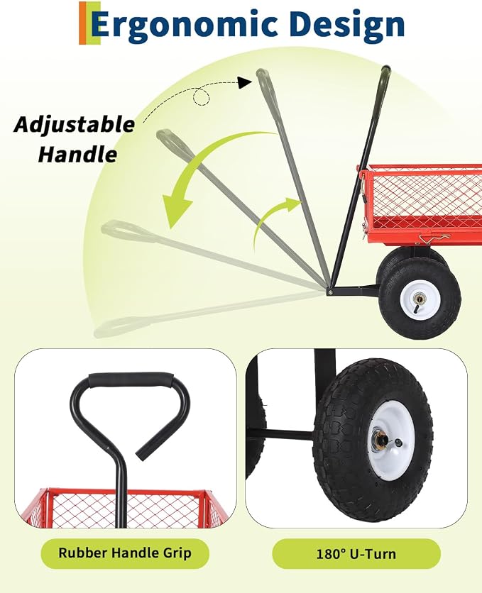 Garvee Versatile Outdoor Utility Cart-400LBS Heavy-Duty, 10" All-Terrain Pneumatic Tires, Easy Maneuverable Lawn Cart with Removable Mesh Panels for Gardening&Landscaping, Red, with Waterproof Liner