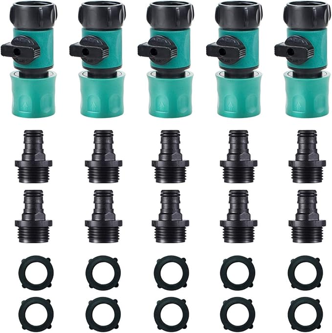 Hose Shut Off Valve - Garden Hose Connectors, 5PCS Hose Quick Connector with Valve + 10 Pcs Rubber Washers + 10Pcs Male Adapter, Standard 3/4" Thread