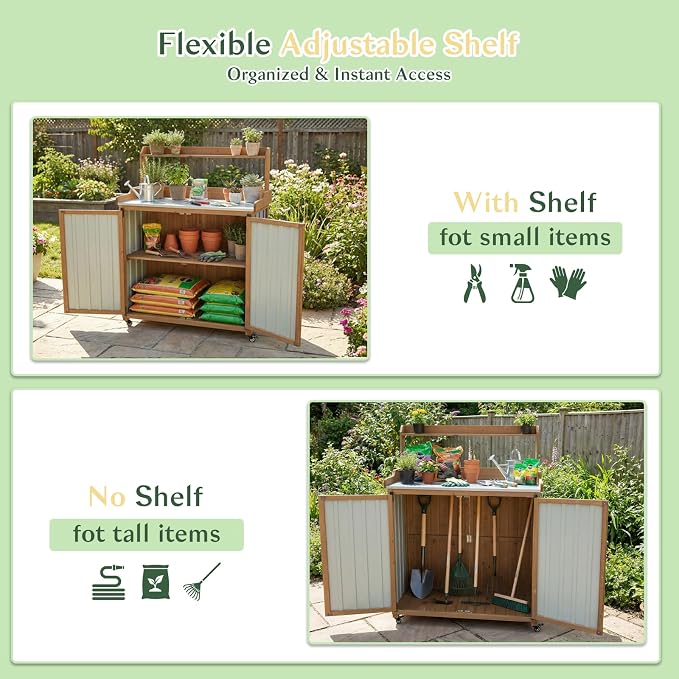 Outdoor Storage Cabinet with 4 Wheels and Handle, Metal & Wood Potting Bench Storage Cabinets with Waterproof Top, Removable Shelf, Potting Table & Workstation for Garden, Patio, Balcony, Garage