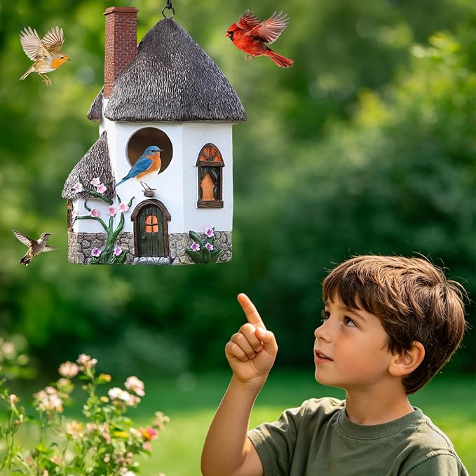 Bird Houses for Outside Rustic Cottage Birdhouse with Chimney Thatch Roof – Hand-Painted Resin Birdhouses for Outdoors for Bluebird Finches Cardinals Bird Nesting Garden, Patio, Yard